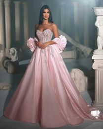 2024 Robe de mariée en chérie rose Princesse une ligne perles en satin paillettes Bride Bride avec des corsages de poignet