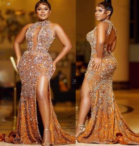 2024 Plus size Arabisch Aso Ebi Gold Luxe Mermaid Prom Dresses kristallen Kristallen Evening Formele feest tweede receptie Verjaardagsbetrokken jurken jurken jurken