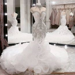 2024 Plus la taille arabe Aso Ebi luxueux cristaux de perles robes de mariée col haut sirène robes de mariée pure cou robes de mariée