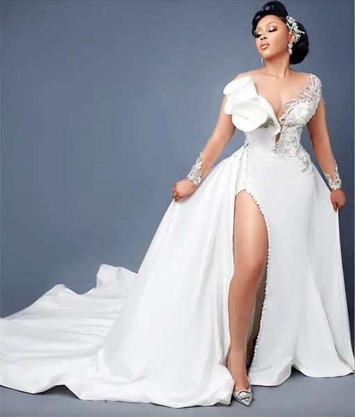 Robe de mariée sirène en dentelle et cristaux, grande taille, arabe Aso Ebi, col transparent, fente haute, traîne détachable, 2024