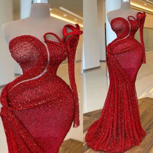 2024 Plus size Arabische Aso Ebi Red Mermaid Sparkly Prom Dresses Lounded Lace Evening Formele feest tweede receptie verjaardag verlovingsjurken jurken