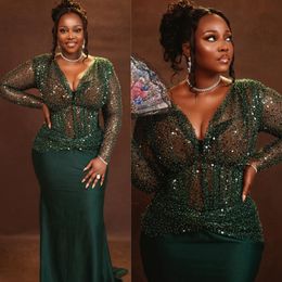 2024 Plus size aso ebi prom zwarte vrouwen jager groene avondjurken elegante beloning v nek lange mouwen lovertjes lace verjaardag jurk voor ocn am598 407