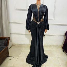 2024 Plus size aso ebi prom -jurken voor zwarte vrouwen illusie avondjurken elegante lange mouwen kralen van kanten steentjes decoreren formele jurken belading am1001