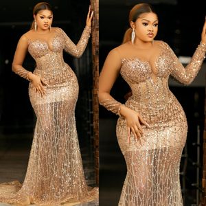 2024 Plus size aso ebi prom -jurken voor zwarte vrouwen zeemeermin lange mouwen avondjurken elegant voor speciale gelegenheden verjaardagsfeestjurken verloving jurk am491