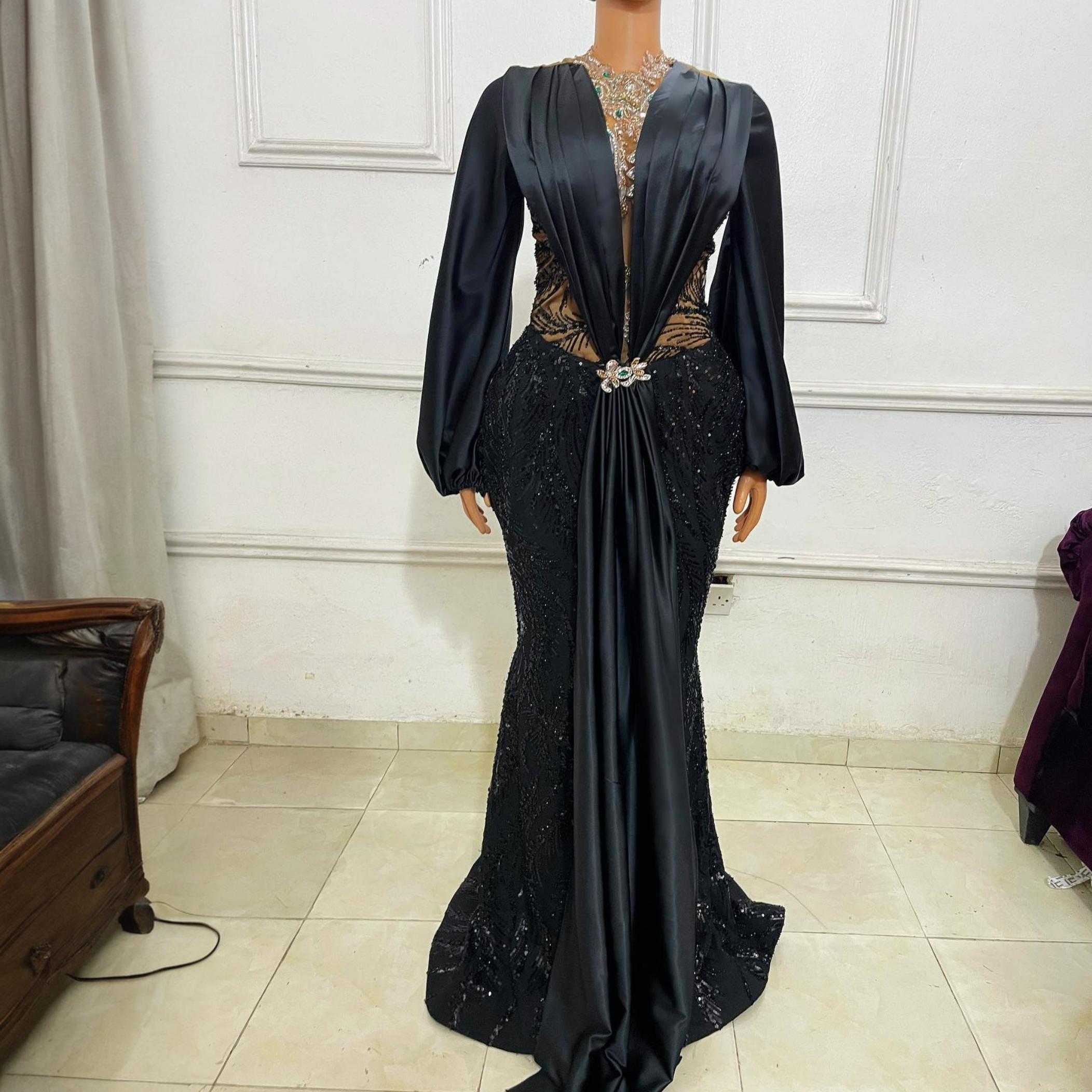 2024 Plus Size Aso Ebi Prom Dresses For Black Women Illusion aftonklänningar Eleganta långa ärmar med pärlor med spetsar Dekorera formella klänningar Promdress AM1001