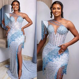 2024 Plus Taille Aso Ebi Robes De Bal Pour Des Occasions Spéciales IllusionRobes De Soirée Élégant Côté Fendu Perles Gland Robe De Fête D'anniversaire Robes pour Femmes Noires AM539