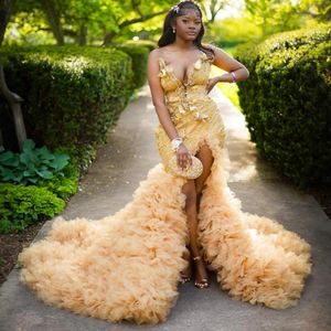 2024 Plus size gouden prom -jurken voor zwarte vrouwen belonderbelasting voor speciale gelegenheden Split illusie lovertjes kantkristallen tweede ontvangstjurken verjaardagsjurk am757