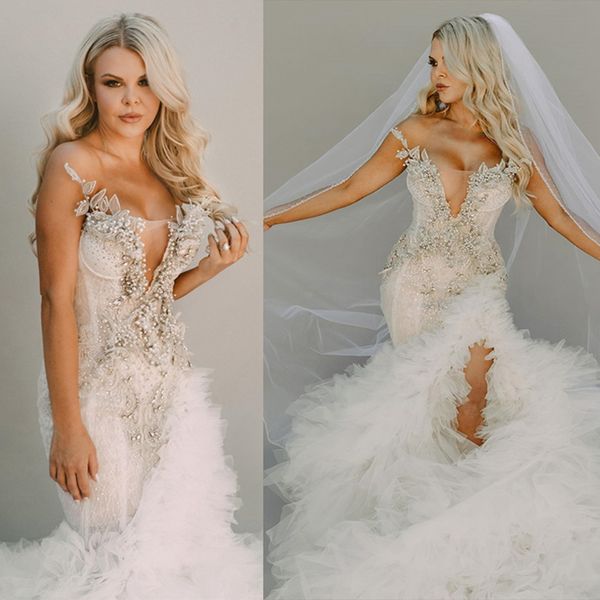 2024 Plus taille robe de mariée sirène robes nuptiales pour la mariée illusion en cœur décolleté côté volants en dentelle perle perles robes de mariage pour mariage d249