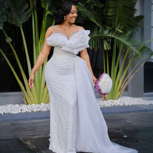 2024 Plus size zeemeermin trouwjurk voor bruid illusie bruidsjurken pure nek kralen parels versierde trouwjurken voor Afrikaans Nigeria zwarte vrouwen meisjes D200