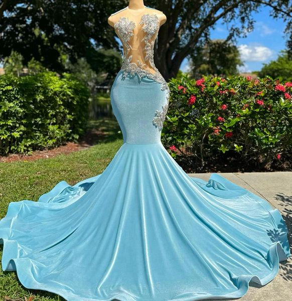 2024 Vestidos de fiesta de talla grande para mujeres negras Vestidos de noche de ilusión Elegante Terciopelo azul Cuello transparente Rhinestones Gala Vestido De Vestidos formales Vestido de cumpleaños NL626