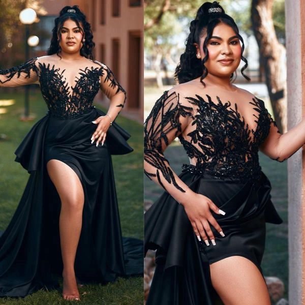 2024 Vestidos de graduación de talla grande para mujeres negras Ilusión Mermaid Vestidos formales Vestidos de mangas largas Vestido de fiesta de cumpleaños de encaje con cuentas ¡Segundo vestido de recepción NL647