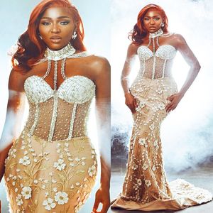 2024 Robes de bal plus taille pour les occasions spéciales PromMrile illusion High Cou 3D Fleurs de dentelle percée perles de pouliage