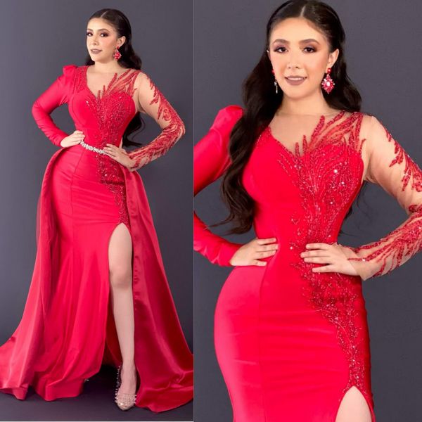 2024 Vestidos de fiesta rojos de talla grande Vestidos de noche con tren desmontable Mangas largas divididas Vestidos de noche de sirena para ocasiones especiales Vestido de cumpleaños de encaje con cuentas NL603