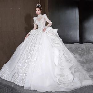 2024 Vestidos de novia de miércoles de tamaño grande Princesa Vestidos de novia de cuello alto Ilusión Floral Floral Swilly Crystal Fluffy Falda Bride Vestidos brillantes Vestido Mediado