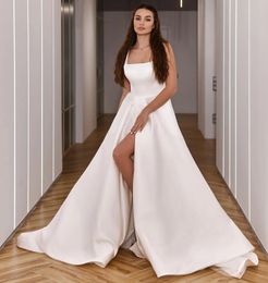 Robe De mariée populaire pour femmes, col carré, larges bretelles, fente en Satin, ligne a, robes De soirée De mariée, 2024