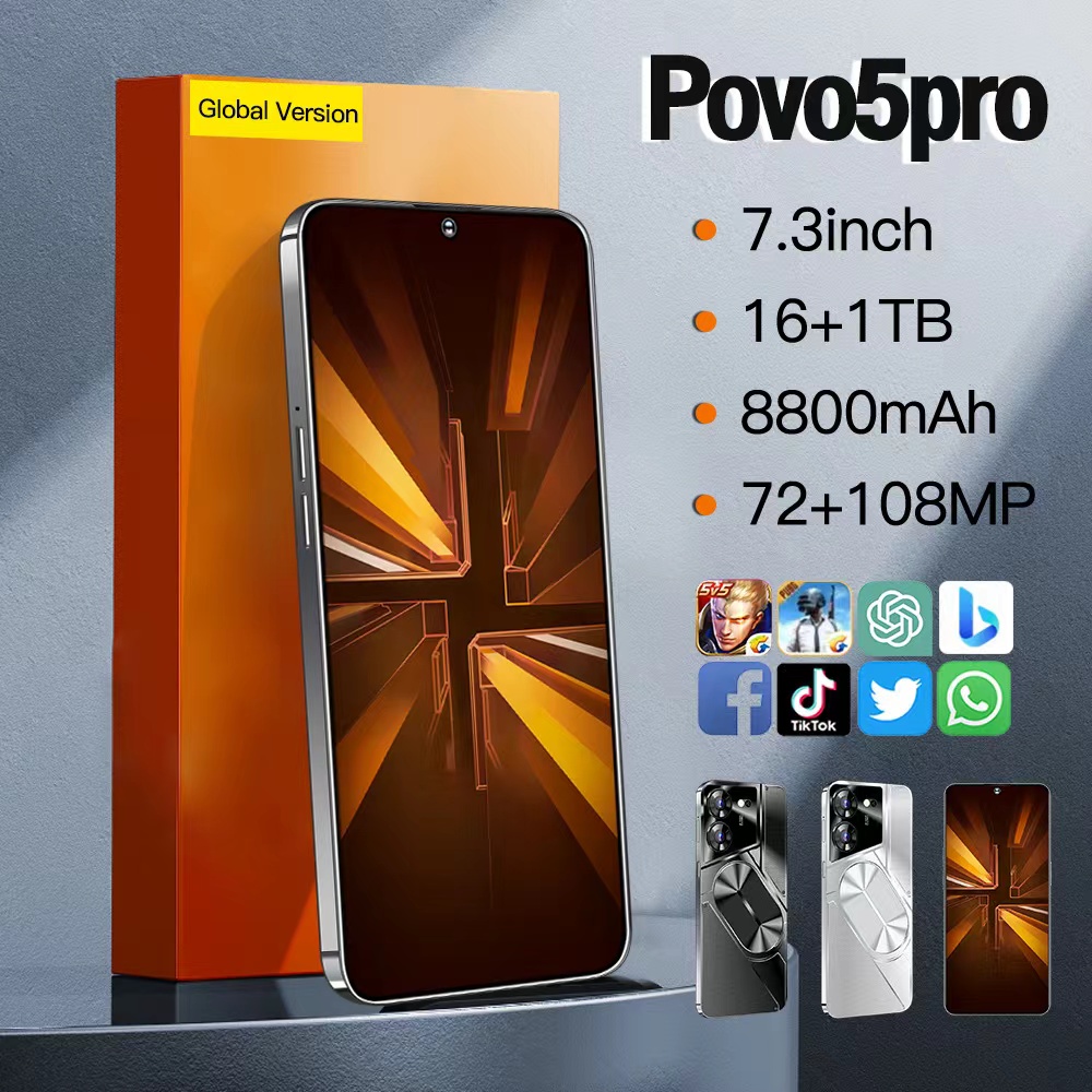 2024 POVO5PRO Android Smart Global English Phone 7,3-Zoll-Bildschirm 8800 MAH Großer Akku-Support Dual-Telefon-Karte Android 13 OTG Face Touch Entsperren billig neu i14