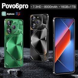 2024 POVO6PRO Android Smart Global English Telefoon 7,3-inch scherm 8800 MAH grote batterijondersteuning Dubbele telefoonkaart Android 13 Ondersteuning OTG 72MP+108M