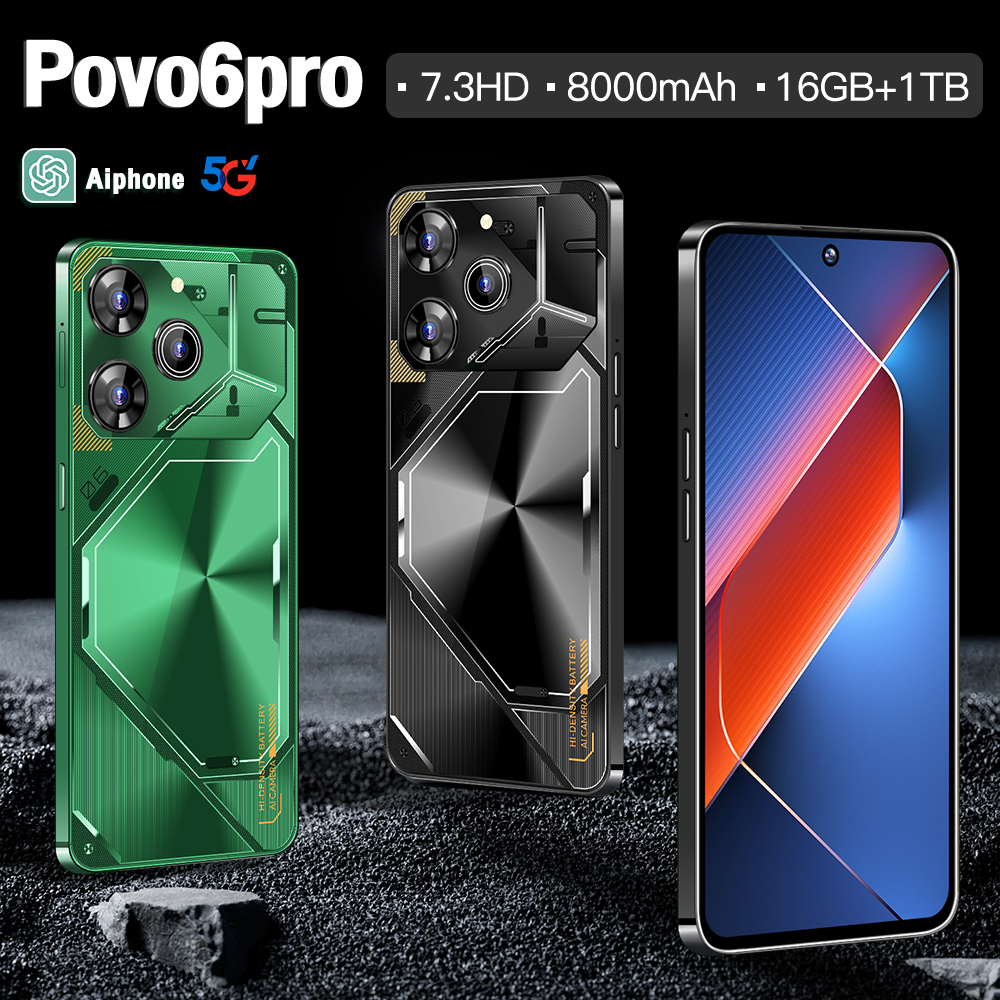 2024 POVO6PRO Android Smart Global Inglês Telefone de 7,3 polegadas 8800 mAh Suporte de bateria grande cartão de telefone dual Android 13 Suporte OTG 72MP+108M