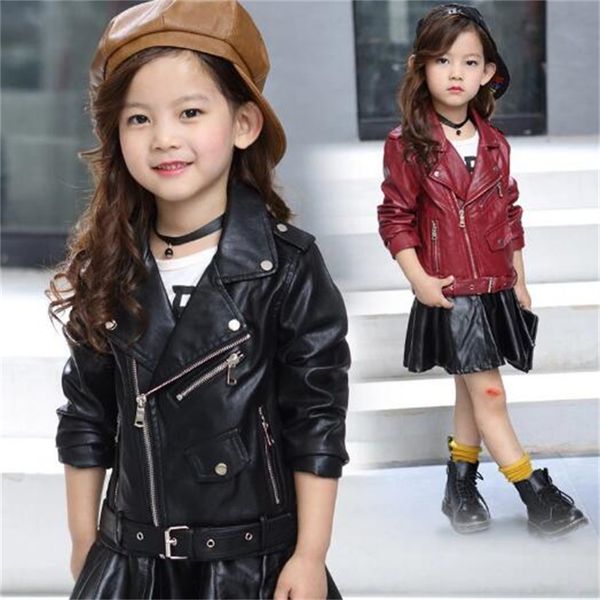 Manteau en cuir Pu de qualité supérieure pour filles, vêtements de printemps et d'automne, noir et rouge, boucle de ceinture, veste en cuir pour enfants, nouvelle collection 2024