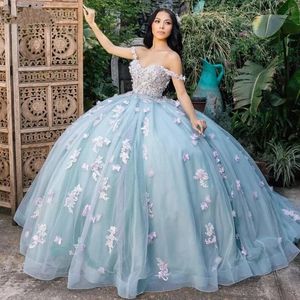 2024 Princesa Vestidos de quinceañera Apliques florales en 3D Fuera del hombro Sin espalda Vestido largo de tul azul claro Vestido de fiesta Dulce 16 Vestidos De 15 Anos Quinceañeras