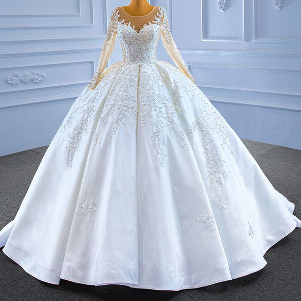 2024 Vestido de novia de satén de princesa para mujer Perlas de manga larga Perlas Mangas de ilusión Con cordones Vestidos formales de novia Vestidos personalizados de Noiva
