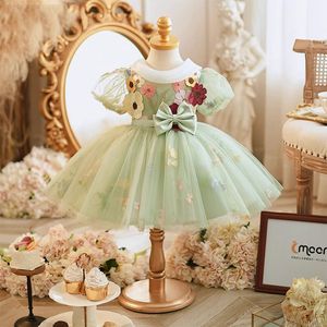 2024 Princess Wedding Flower Girl Jurk TULLE 3D Bloemen Lace Ball Jurk Little Kid Kind Toddler Doop Doop Junior Bruidsmeisje Gast First Communion -jurk