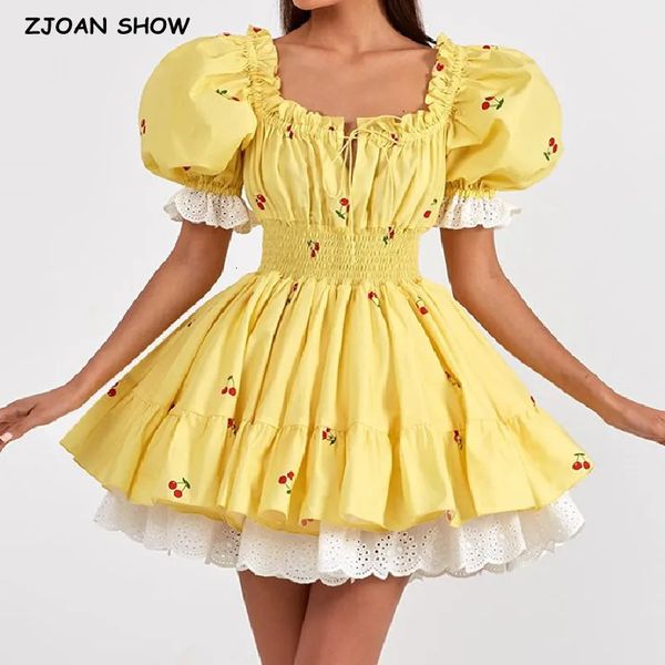 2024 Princesse jaune imprimé cerise imprimé épissé en dentelle corset style mini-robe femme bouffante