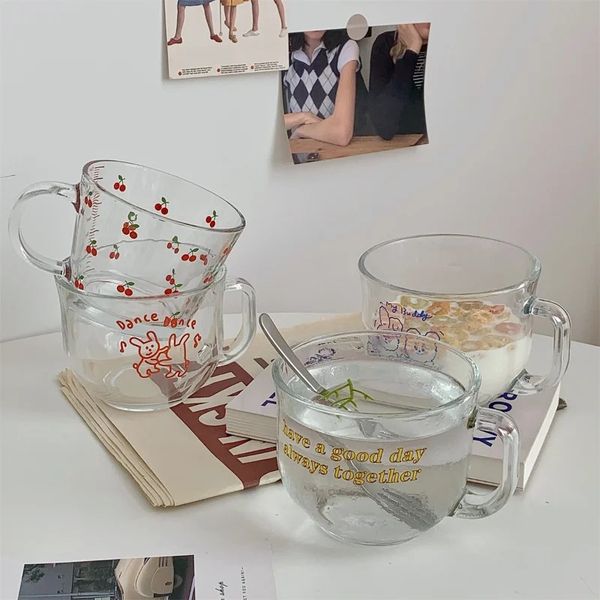 2024 imprimé Transparent créatif verre café thé boissons Dessert petit déjeuner lait tasse verre tasses poignée Drinkware