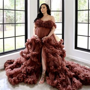 2024 Robes de bal Robe de maternité africaine Robes pour séance photo ou baby shower Volants à plusieurs niveaux Tulle Hors épaule Chic Femmes Photographie Robe Robe de soirée Chocolat