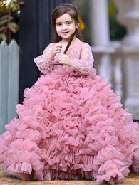 2024 Puffy Flower Girls jurken peuter meisje lange mouw kinderen tieners optocht jurken verjaardag baljurk feestjurk voor bruiloft kooktailjurk tulle kind meisje prom jurk