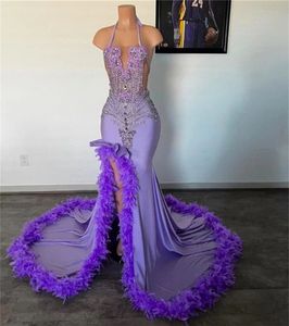 2024 Paarse Veren Trein Halter Prom Voor Zwarte Meisjes Sexy Mermaid Glitter Avondjurken Afrikaanse Verjaardagsfeestje Jurk 322