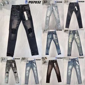 2024 Purple Mens Jeans Mode Trends Distressed gescheurde Biker Slim Fit Motorcycle Mans Black Pants BH668