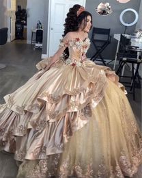 2024 robes de quinceanera élégant champagne satin au large épaule manches courtes en dentelle applique paillettes à lamerie 16 robes de fête