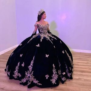 2024 Quinceanera jurken marine blauwe veet sier kanten appliques uit schoudervlinder kristallen kralen 3d bloemige bloemen baljurk gastjurk avond prom jurken