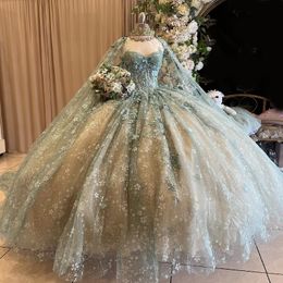 2024 Robes de Quinceanera avec Cape robe de bal chérie dentelle perles Tulle à lacets dos nu fête princesse douce 16 robe