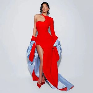 2024 Roodblauw sexy avondjurken Hoge split op maat gemaakt 2 in 1 prom jurk een schouder Backless cocktailjurken