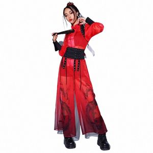 2024 Vêtements de danse jazz rouge pour femmes Costume de scène de style chinois Discothèque DJ Singer Gogo Dancer Performance Outfit Rave L12505 L6IP #