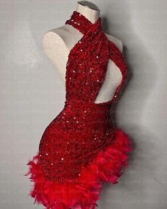 2024 Rode pailletten Back to School Dress Feather hanger halslijn mini lengte meisje afstuderen bal prom jurk maxi y2k 240523