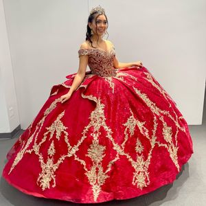 Robe de bal rouge brillante, robes de Quinceanera de 15 ans, avec des Appliques de perles en dentelle, épaules dénudées, robes de fête d'anniversaire de princesse, 2024