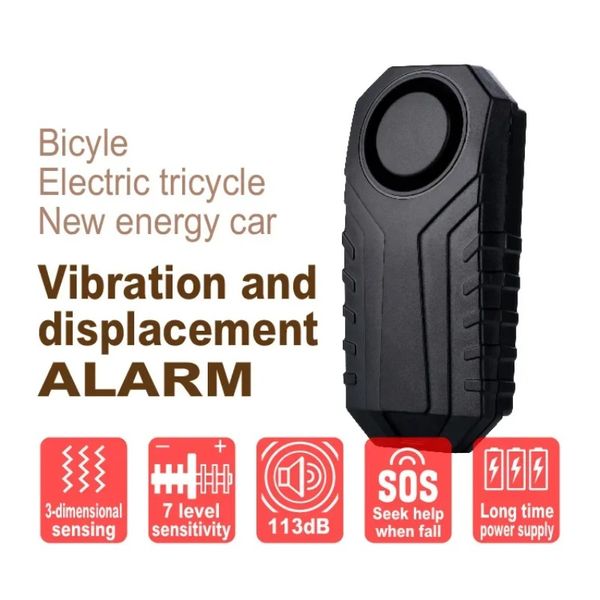 2024 Alarma de bicicleta con control remoto Impermeable Motocicleta Bicicleta eléctrica Seguridad 113dB Antipérdida Recordatorio Sensor de alarma de advertencia de vibración
