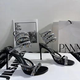 2024 Rene Caovilla Chandelier Sandales ornées de cristaux Talons aiguilles en cuir Chaussures de soirée Femmes à talons Designers de luxe Cheville Wraparound Chaussures d'usine
