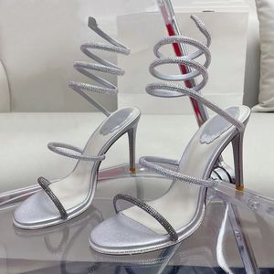 2024 Rene Caovilla Stiletto Heel Sandalen Strijnvestige Snake Snake Strass Evening Schoenen vrouwen hoge hakken luxe ontwerpers enkel wrapping schoen diner jurk