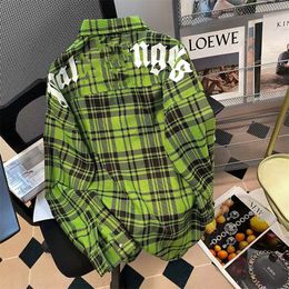 2024 Retro Stripe High Street American Green Hiphop Chemitered Shirt M mantel Women's Automne Loose Small à manches longues