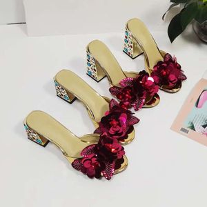 2024 Rhinestone Leather Femmes 6cm Talons authentiques Sandales Summer tongs-flops Slipper Robe de mariée Slip-on Gladiator Colorful Diamond 3d Fleur taille 35-43 D 4848