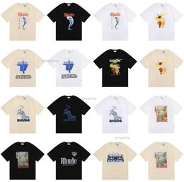 2024 Rhude T-shirt Designer Vêtements de mode T-shirts Hip Hop Perruche à longue queue Perroquet Imprimer High Street Casual Polyvalent T-shirts à manches courtes Hommes Femmes 402