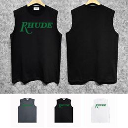 2024 RHUDE T-shirts Designer Mens Tops Tops Coton Summer Brand Trendy T-shirts sans manches lâches ZJBRH087 Green Text Imprimé VILLES SPORT
