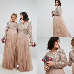 2024 Rose Gold -pailletten Bruidsmeisjekleding Lange mouwen TULLE Een lijn juweel nek vloer lengte zwangerschapsmeidegang jurk land bruiloft