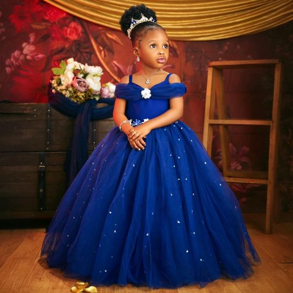 2024 Bleu Royal Petits Enfants Robes De Fête D'anniversaire Robes De Fille De Fleur Bretelles Perles À Niveaux Tulle Perlé Robe De Fille De Fleur Princesse Reine Robes De Mariage NF115