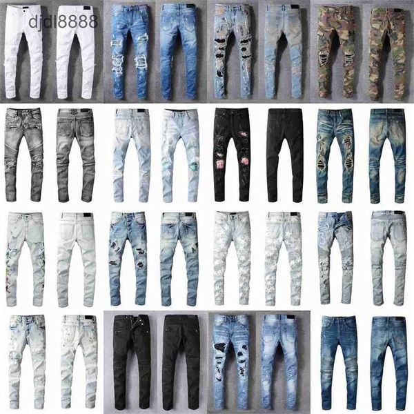 2024 s créateurs jeans en détresse France Fashion Pierre Straight Mens Biker Hole Stretch Denim décontracté Jean Men Skinny Pantal