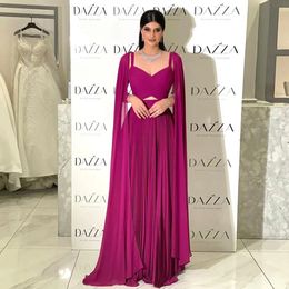 2024 Dit Arabe Fuchsia Mousseline De Soie Dubaï Robes De Soirée Avec Cape Manches Bretelles Élégantes Chérie Jaune Femmes Formelles Robes De Soirée Robe De Soirée